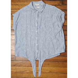 Weatherproof Womens Size Medium Linen Sleeveless Button Up Blue Striped Shirt W4